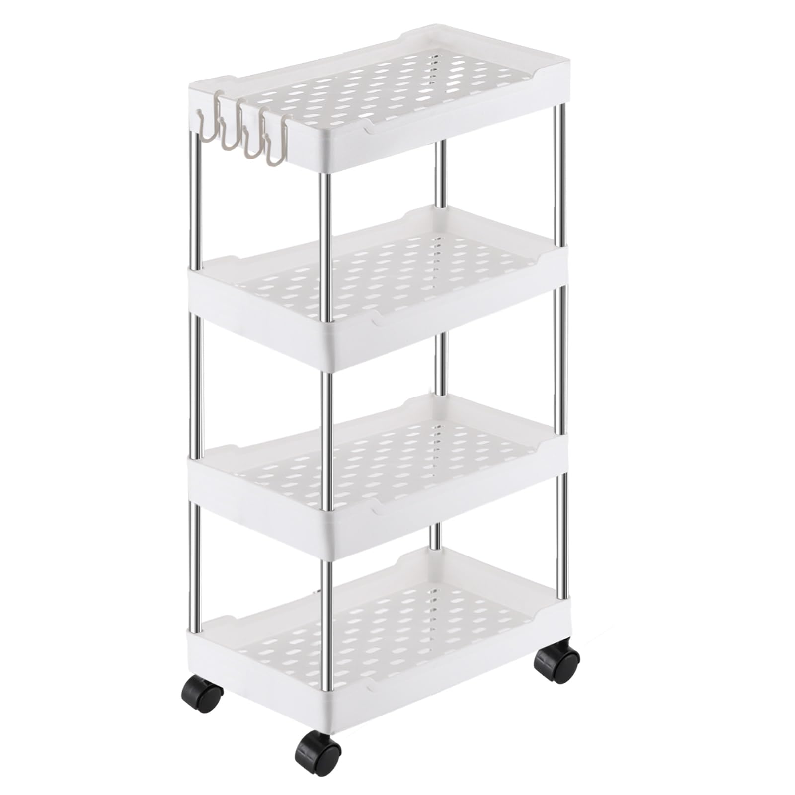 ASelected Carrello portaoggetti a 4 ripiani su ruote, carrello portaoggetti da cucina, per ufficio, soggiorno, cucina, cestino portaoggetti mobile, ripiani organizzatori, bianco