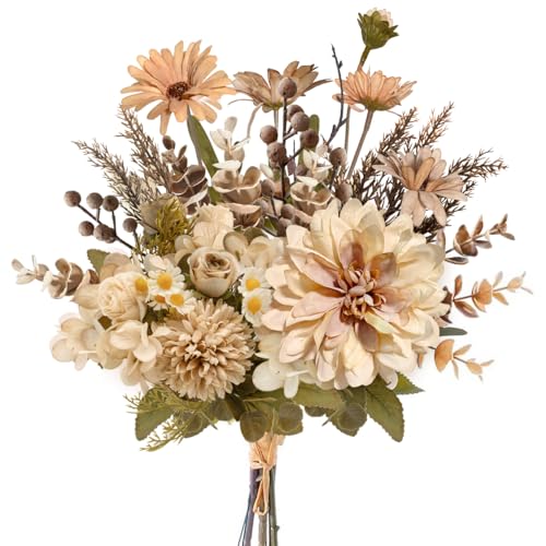 Peauley 16-inch Artificial Fake Flowers Silk Table Arrangements Faux Plastic Floral Centerpieces for Home with Roses, Dandelions, Daisies, Hydrangea, Eucalyptus, Chrysanthemums and Hollyberries