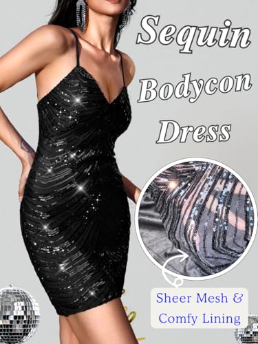 Image of Kaei&Shi Sequin Mini Dress,V Neck Spaghetti Strap Sparkly Prom Dresses for Women,Sexy Birthday Outfit HOCO Cocktail Nye Party