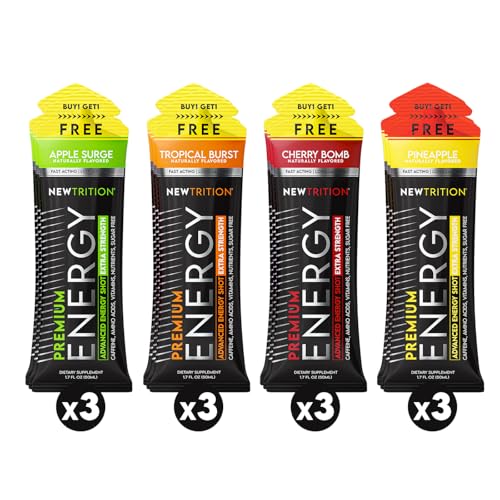 Image of NewTrition Extra Strength Energy Shots 1.7 fl oz - 250mg Caffeine with B Vitamins & Amino Acids, Sugar-Free Zero Calorie Vitamin Energy Drink for Focus & Endurance (Pack of 12, 4 Flavors - Mixed 2)