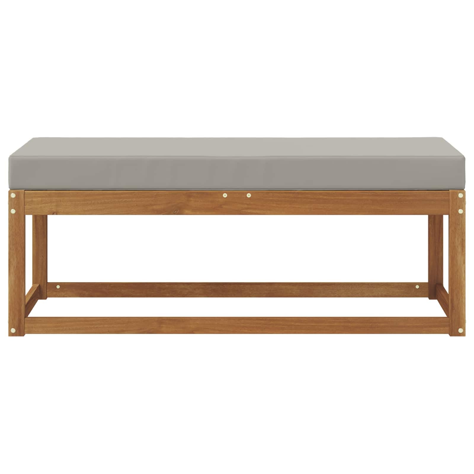 Taboret ławka z poduszką z litego drewna akacjowego, kolor naturalny, jasnoszary, 115 x 43 x 37 cm, odporna na warunki atmosferyczne, modułowa, na taras, balkon, do wypoczynku na świeżym