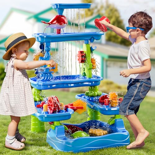 BLmukce 5-stufiger Sand- und Wassertisch Outdoor Sensorik Spielset für Kinder Sommer Strandspielzeug für Kleinkinder 2-3 4-8 Jahre Wassertisch mit Zubehör für Jungen Mädchen