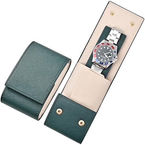 MGZKV Travel Leather Watch Pouch/Watch Travel Case with Suede Lining/Luxury Leather Travel Watch Case Single Watch Pouch for Men and Women (Green/White 1-Slot)