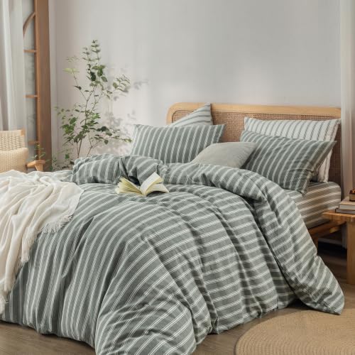 Image of BESTOUCH Striped Cotton Duvet Cover Set Linen Feel Alaska King | 100% Washed Cotton, Soft Wrinkle Texture, Hidden Zipper, 8 Ties, Breathable Lightweight Durable Comfy, 3 Pcs No Insert