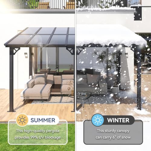 Image of 10x14FT Lean to Gazebo Pergola Patio Pergolas withSloped Roof | Large Wall Mounted Gazebos Heavy Duty Awnings with Galvanized Steel Frame Hardtop Gadern Canopy for Backyard, Deck, Porch