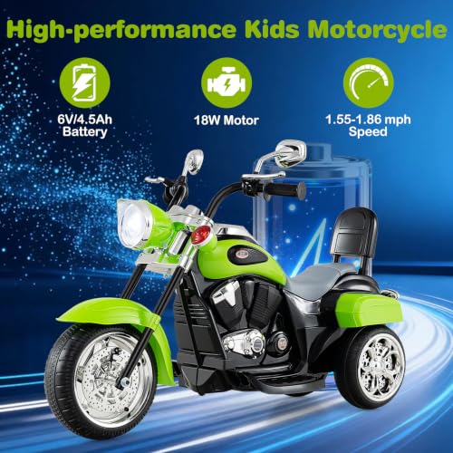 Image of Costzon 6V Ride on Chopper Kids Motorcycle with Adjustable Headlight(Green) | Horn, Engine, 3-Wheel Stable Ride on Toys, Battery Powered Electric Toddler Motorcycle for Kids, Gift for Boys Girls