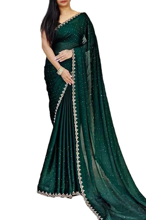 Accessorize Kingdom Womens Dailywear Georgette Stone Work Saree with Border & All-Over Stone Embellishments Wedding Saree with Blouse Piece (Green Free Size)