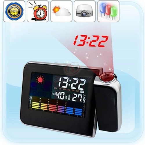 GLYBY Temperature Weather Station Projection Clock with LED Backlight & Color Display-Black