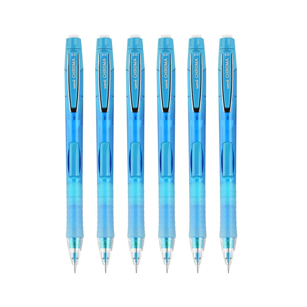 Uniball CHROMA 0.5mm Refillable Mechanical Pencils with Eraser, Contoured Cushion Grip, Auto Advancing Lead, Light Blue Barrel, 6 Count