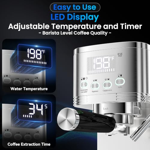Image of Espresso Machine 20 Bar Temperature Time LED Display Espresso Maker with Stepless Adjustable Automatic Milk Frother for Cappuccino Latte Americano Stainless Steel Coffee Machine with ESE Pod Filter