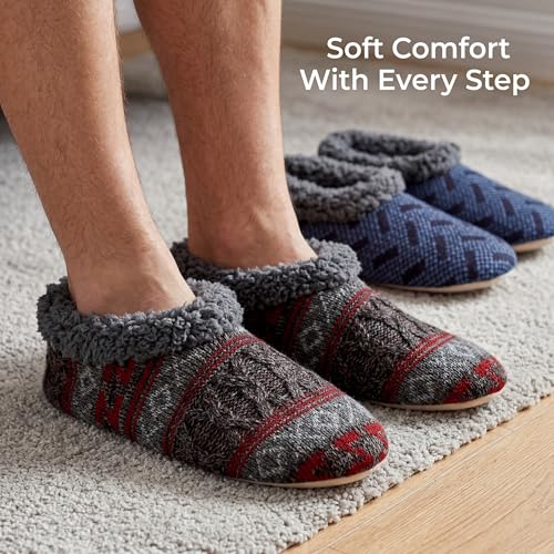 Image of cosyone1997 2-Pair Mens Slippers Sherpa Lined Fuzzy Slipper Socks Non Slip | Soft sole, gripper dots, flexible fit, machine washable, sizes 8-9 to 14-15