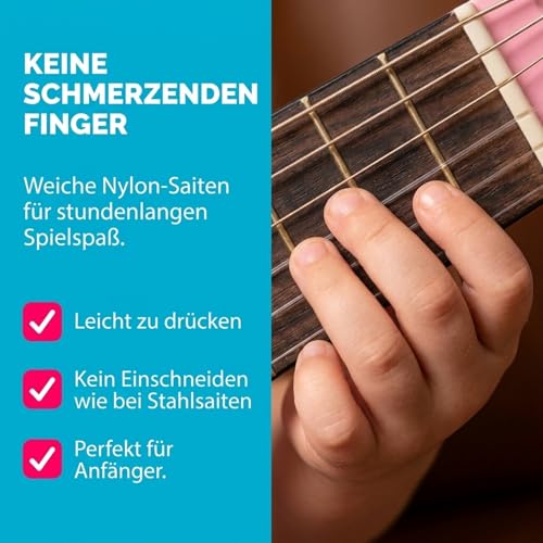 Music Alley MA-51 30 Zoll Junior Klassikgitarre für Kinder, Akustikgitarre mit Nylonsaiten, Tragetasche und Online-Unterricht, Rosa