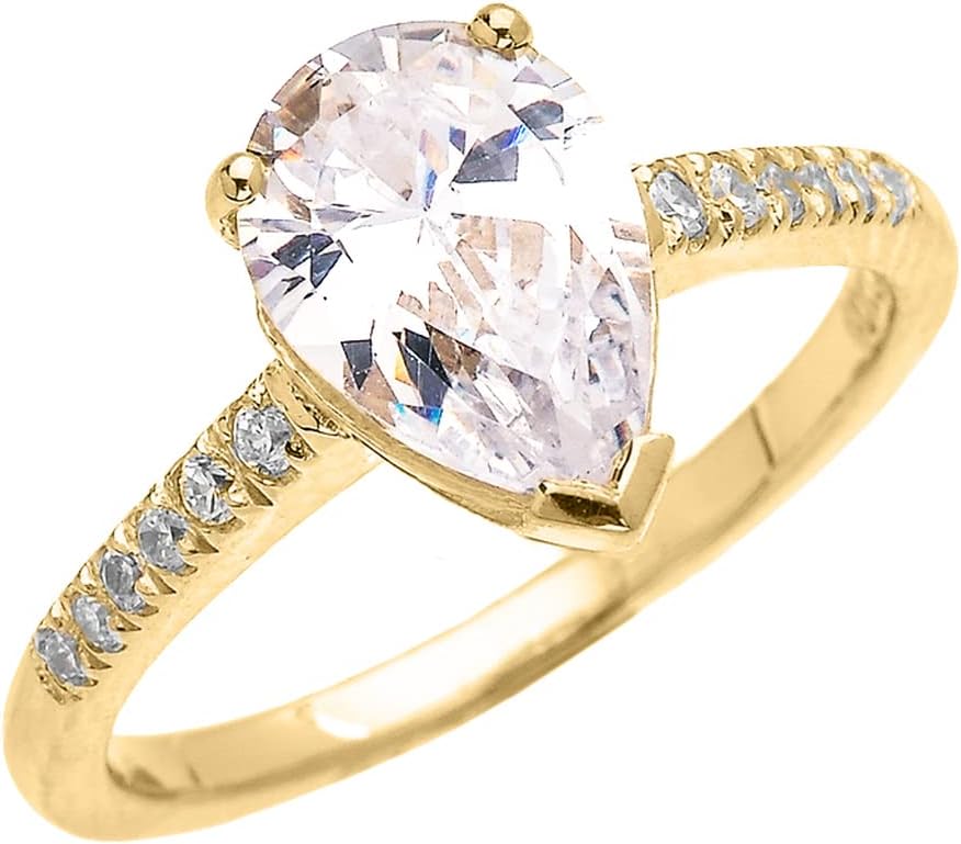 10k Gold Diamond Engagement/Proposal Ring with 3ct Pear-Shape CZ in Center