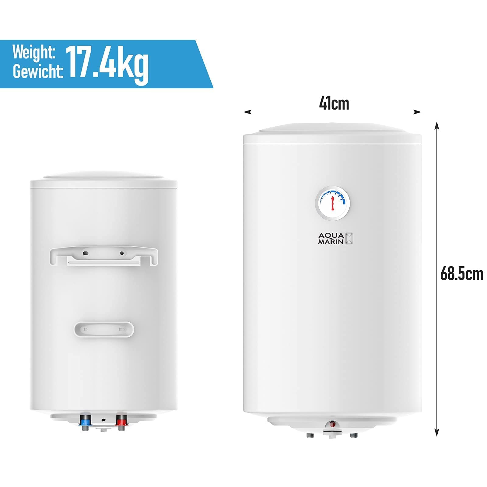 Aquamarin® Chauffe-Eau Électrique - Modèle ANTI-CALCAIRE, Réservoir avec Capacité de 50 Litres, Thermostat à 75°C, 1.5 kW, CEE : C - Ballon d'Eau Chaude