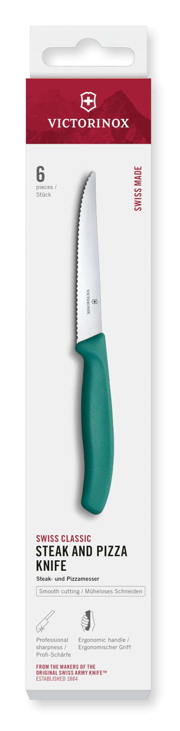 Victorinox Swiss Classic Lot de couteaux à steak et pizza pour pros, 6 pièces, Couteaux de table, Dentés, Tranchants, 11 cm, Poignées plastique solides, Vert
