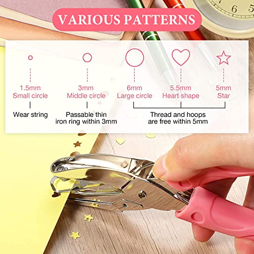 WAIZHIUA 5 Stück Lochzange Papier, Lochdurchmesser 1,5-6mm Stanztiefe 36mm Locher-Handstanze mit rosa Griff Metall Einzellochstanze (5 Muster)
