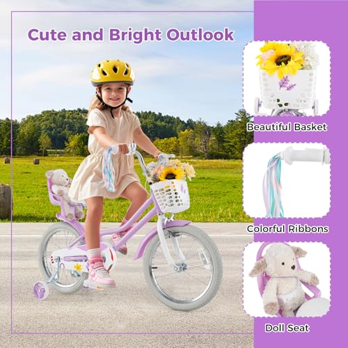 Image of BABY JOY Girls Bike with Streamers & Doll-Seat, Kids Bike for 3-8 Years Old | 12 14 16 18 20 Inch Children Bicycle w /Detachable Training Wheels or Kickstand, Storage Basket, Adjustable Seat and Handlebar