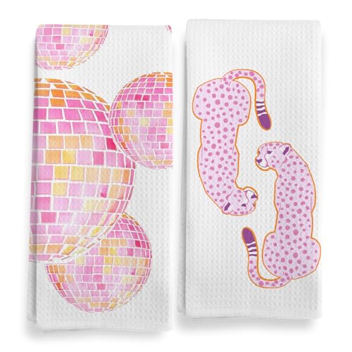 Qeheb Preppy Pink Kitchen Towels - Disco Ball Cheetah Leopard Decorative Set for Girls Room, Girly College Dorm - Hand Dish Tea Towels 16x24in