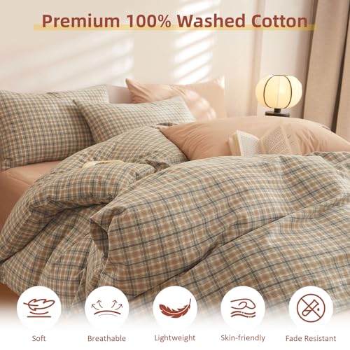 Image of EAVD Retro Tan Gingham Duvet Cover Queen Khaki Brown Grid Plaid Bedding Set Soft 100% Washed Cotton Like Linen Feel Soft 3-Piece Brown Vintage Checkered Plaid Duvet Cover with Zipper Closure