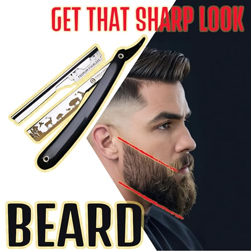 Image of Barber Shaving Razor for Men | Foldable Stainless Steel Straight Razor with Handle | Manual Beard Shaving and Trimming Razor for Barbers, Salons and Home Grooming (Black White)