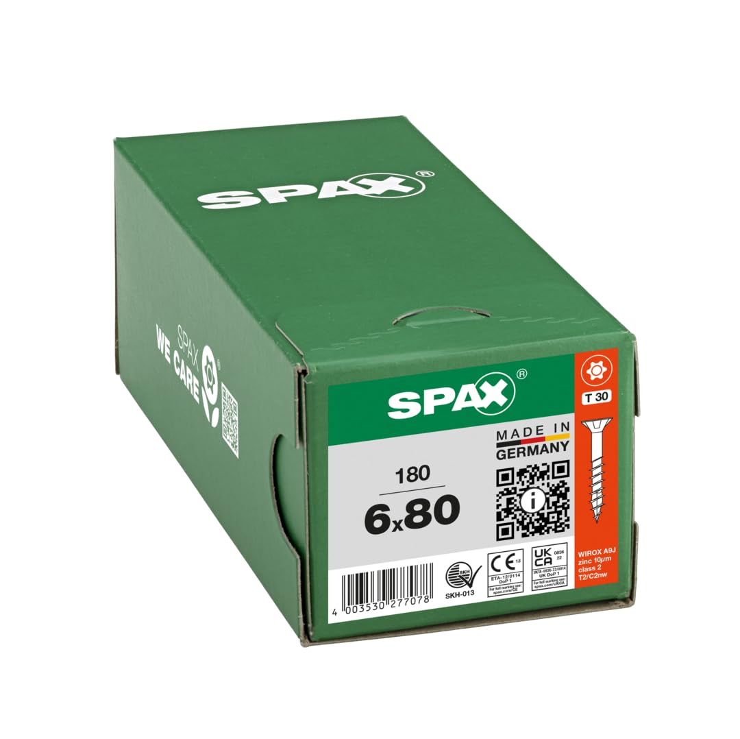 SPAX Vis universelle 6 x 80 mm, 180 pièces - Vis à bois, filetage partiel, tête fraisée, T-STAR Plus T30, pointe 4CUT, revêtement WIROX - 8000000277078
