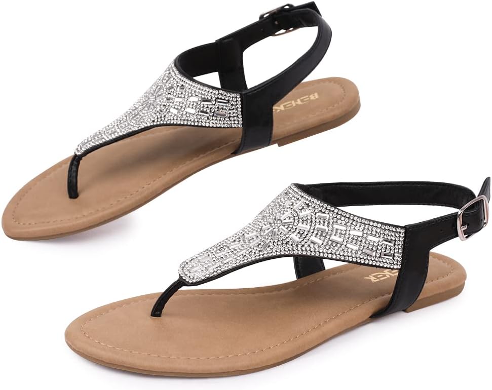 長く使える設計！BENEKER レディース ラインストーン Tバック フラットサンダル Tストラップ ファッションサンダル アンクルストラップ サマ 調整可能