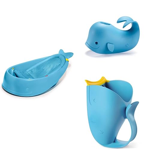 Skip Hop Paquete básico de baño para bebé con bañera 3 en 1, cubierta de boquilla y enjuague, azul Moby