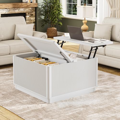 BONITURE Modern Lift Top Coffee Table with Storage, Square Coffee Tables with LED Lighting and Power Outlet, Wooden Square Center Table for Living Room Home Office, White