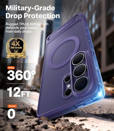 Image of TORRAS Ostand L1 Guardian Original Imported S26 Ultra Case, Built-in Magnetic Stand, MagSafe Compatible, Mil-Grade Drop Tested, Translucent Galaxy S26 Ultra Back Cover, Purple Edge