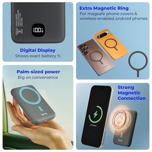 Image of Lifelong Electronics Magsafe Wireless 10000Mah Fast Charging USB Type-C Input Power Bank, Strong Magnet, 22.5W Output For iPhone 12 & Above, Android & Qi Enabled Devices, Extra Magnetic Ring & Compact