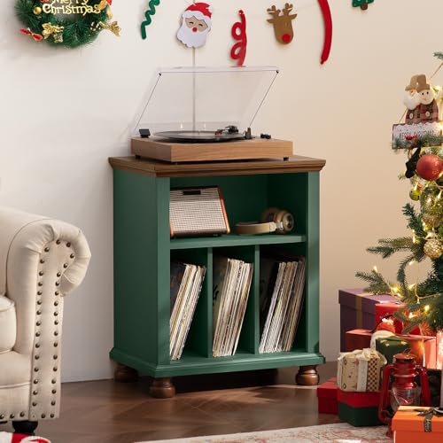 LELELINKY Plattenspieler Ständer, Plattenspieler Regal Bietet Platz für bis zu 200 Alben, Großes Holz Plattenspieler Tisch, Schallplatten Regal für Wohnzimmer, Schlafzimmer, Büro, Grünes