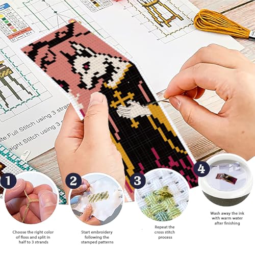 Image of ACRNIGHEET 6PCS Cross Stitch Bookmark Kit for Beginner Stamped Cross Stitch Kits for Adults Gothic Animals DIY Embroidery Bookmark Kits Needlepoint Kit with Instructions Hand Craft Gift 8.5''x3'' 11CT