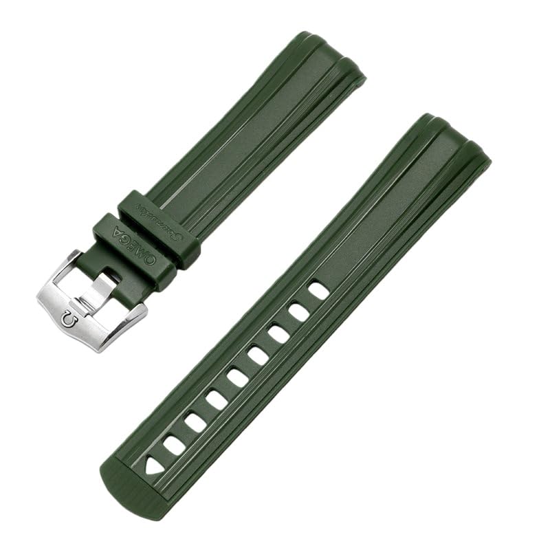 20mm Correa de Caucho de Silicona Extremo Curvo, Repuesto Impermeable para Omega Seamaster 300-Verde + Plata Hebilla