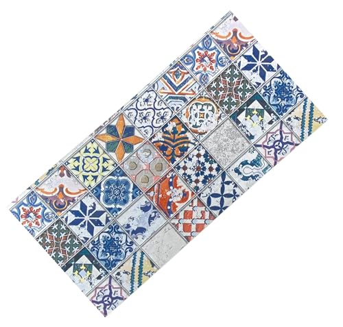 Tapis de chemin en faïence vintage antidérapant - Tapis de cuisine coloré en PVC lavable -...