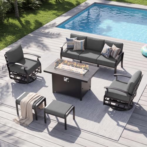 Image of Aluminum Patio Furniture Set with Fire Pit Table, 7 Seats Outdoor Patio Conversation Sets with Swivel Chairs, Modern Metal Sectional Sofa with Upgrade Cushions for Patio, Backyard, Deck - Grey