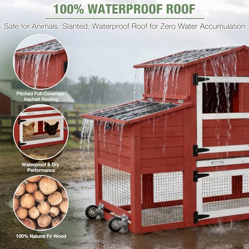 Image of Mobile Chicken Coop with Wheels for 4-6 Chickens, Large Outdoor Hen House with Run, Weatherproof Roof, Sectionable Nesting Box, Pull-Out Tray, 83.3 inch L x 26 inch W x 42 inch H - Red
