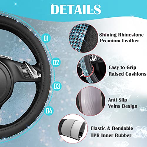 Image of CAR PASS Mint Diamond Black Leather Steering Wheel Cover, Bling Blue Crystal Rhinestones Universal Fit 14 inch1 /2-15 inch Crystal Glitter for Women Sparkle Girl Fit Suvs,Vans,Sedans,Cars,Trucks, Mint Diamond