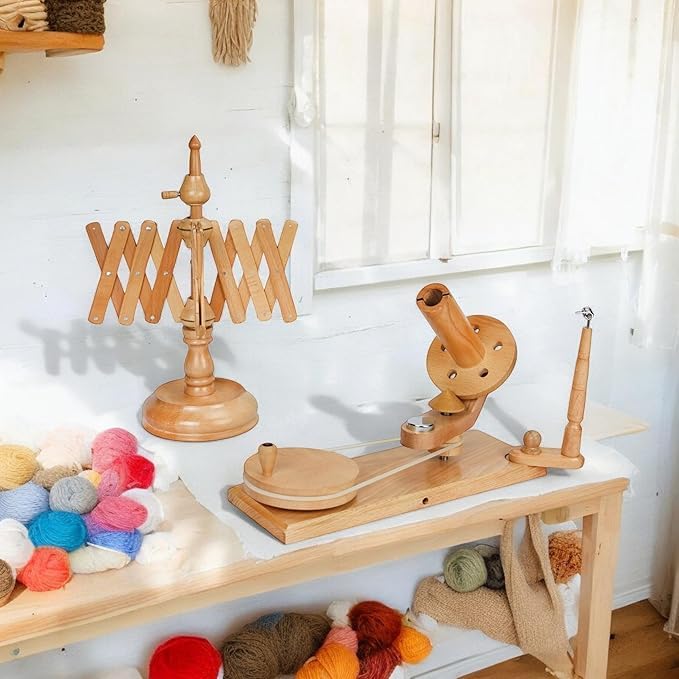 Großer Garnwickler und Swift aus Holz zum Stricken und Häkeln | Handbetriebener, robuster natürlicher Ballwickler | Strickzubehör-Kombination. (Off White), YW-023