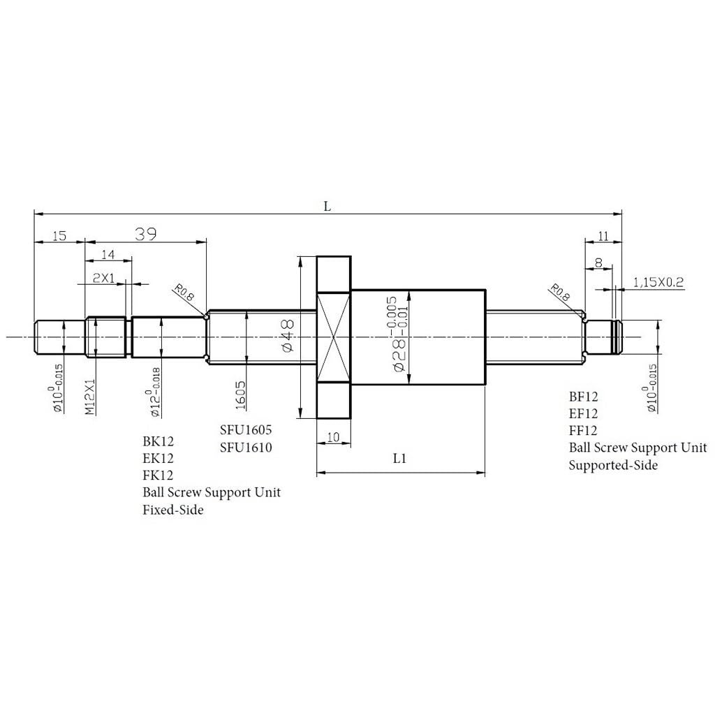 Śruba kulowa C7 SFU1605 z pojedynczą nakrętką kulkową BK/BF12 RM1605 obrobiona końcówką śruby kulowej, do drukarek 3D CNC szyna liniowa(850mm)