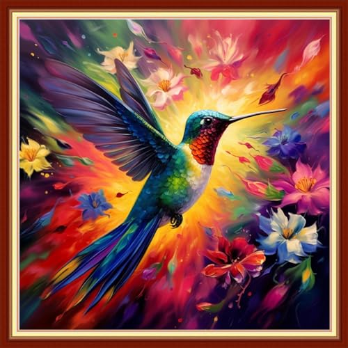 Image of Dimxvean Stamped Cross Stitch Kits,Cross Stitch Kits for Adults Beginners,Embroidery Kits Full Range of Cross Stitch Stamped Kits Needlepoint Kits Cross Stitch Patterns-Hummingbird Flowers 18x18 inch