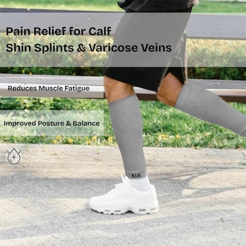Image of KUE Compression Calf Sleeves for Running, Sports, & Medical Recovery | Graduated Support for Men & Women | Improves Blood Circulation, Reduces Swelling, Pain Relief | UV Protection (Grey, 2 Pairs, L)