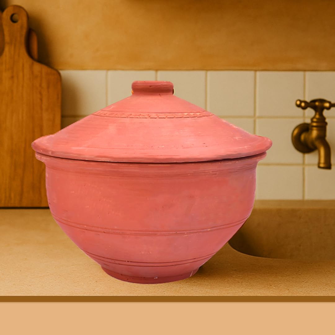 Huge Products World 1 Litre Handcrafted Earthenware Mitti Curd Pot with Lid for Kitchen,Terracotta Clay Dahi Handi for Setting/Serving/Cooking Rice,Traditional Biryani Pot | Brown, Set of 1