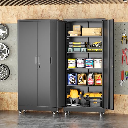 Image of INTERGREAT73 Garage Storage Cabinet with Wheels, Rolling Metal Storage Cabinet with Locking Doors and 4 Adjustable Shelves,- 73 inch Steel Tool Cabinet for Home Office,Garage,Warehouse,Black