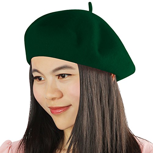 Acecharming Womens French Style Beret Wool Beanie Hat Cap,Hunter Green,Thin