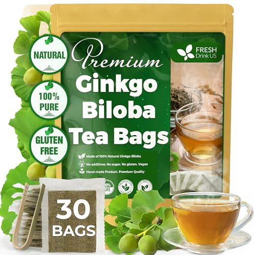 Image of FreshDrinkUS, Premium 30 Ginkgo Biloba Leaf Tea Bags, 100% Natural & Pure from Ginkgo Biloba Leaves. Loose Leaf Herbal Tea. Made with Eco-Conscious Tea Bags. No Sugar, No Caffeine, No Gluten, Vegan.