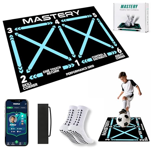 Football Training Mat with Mastery APP -Soccer Mastery Skills Footwork Mat 90x60cm Football Gifts for Boys | Pro Dribble Ball Control & Stress Relief Games for Kids Girls (Black Mat - B)