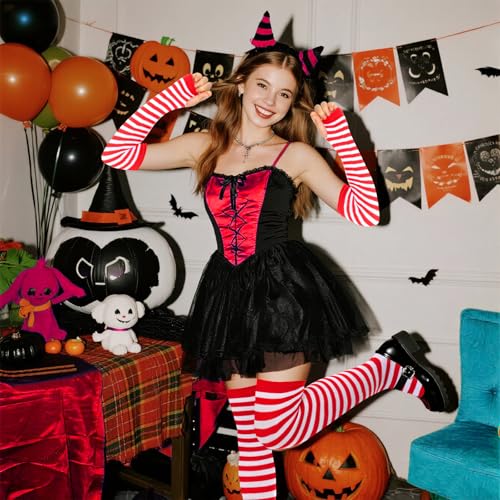 Image of Tongcloud Women's Striped Knee High Socks, Over Knee Thigh High Socks, Arm Warmer and Fingerless Gloves Set