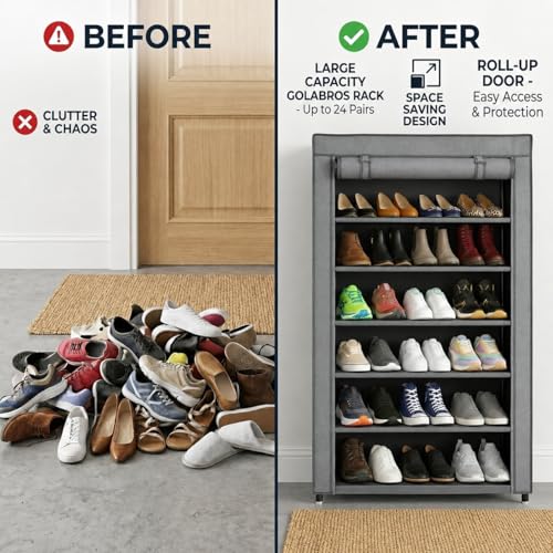 Image of Easy Buy 6 Layer Foldable Shoe Rack Organizer Grey Shoe Plastic Rack 6 Shelves Zip Door With Cover & Side Pocket |Dustproof Storage Organizer for Footwear Multi-Pair Shoe Stand with Side Pocket (Grey)