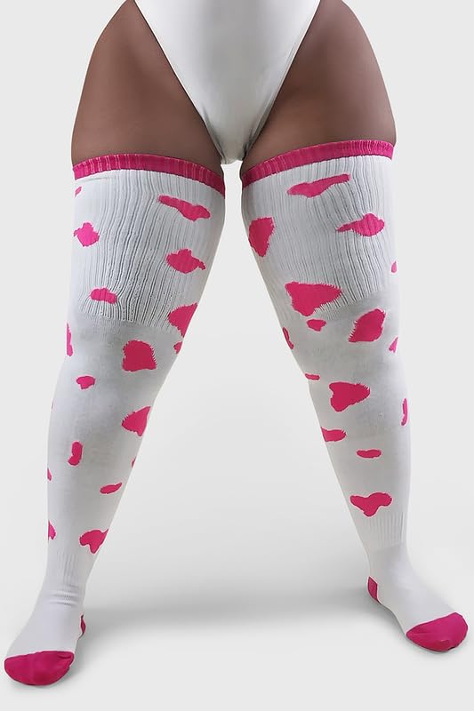 Image of Thunda Thighs Plus Size Thigh High Socks, Over the Knee High Boot Stockings Leg Warmers, Extra Long & Thick Socks Cow Print White & Neon Pink