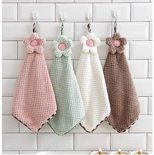 Veewon 2ps Kitchen Hand Towel Hanging Loop Soft Coral Soft Hand Towels, Random Color